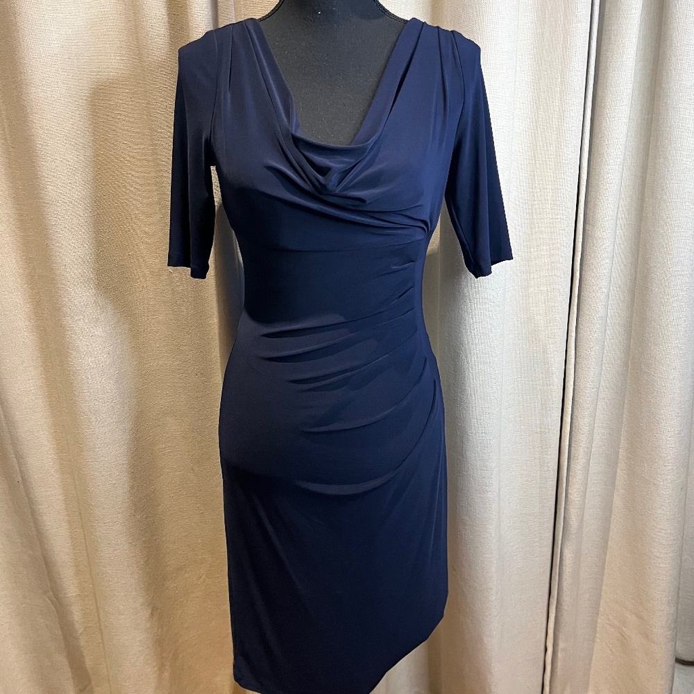 Lauren Ralph Lauren Navy Cowl Neck Ruched Dress Size 2